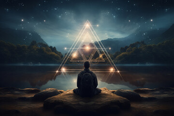 serene scene of a person immersed in meditation while contemplating a sacred geometry symbol, harnessing its spiritual energy