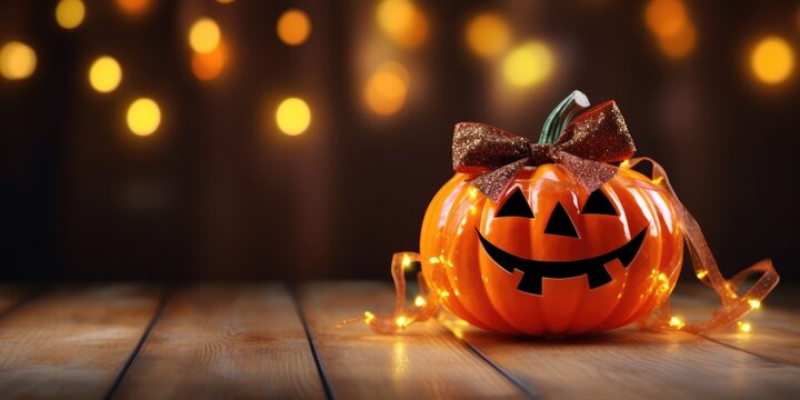 Halloween background. Cute halloween pumpkin on wooden background with neon lights and bokeh background, copy space, generative ai