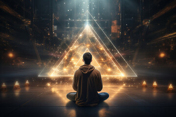 serene scene of a person immersed in meditation while contemplating a sacred geometry symbol, harnessing its spiritual energy 
