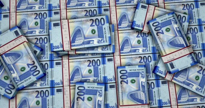Azerbaijan money Azerbaijani Manat banknotes 3d animation. Camera view from close to long distance. AZN money packs. Concept of inflation, economy, crisis, business, banking, debt and finance.