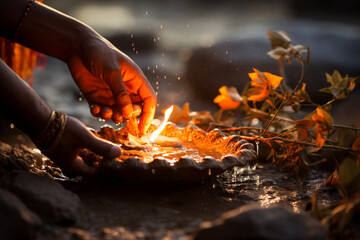 person making a sacred offering at a revered site, expressing their devotion and connection to the spiritual journey 