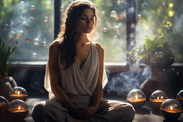 serene shot of a person engaged in meditative reflection while experiencing the calming effects of aromatherapy, deepening their connection