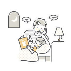 Obraz na płótnie Canvas 子どもが寝る前に本を読んであげる若いお父さん　シンプルでお洒落な線画イラスト