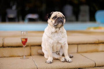 Obraz premium sitting pug with a glass of Champagne at a pool