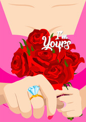 i'm yours, lady accept engagement ring with red rose bouquet romantic proposal valentine sweet event