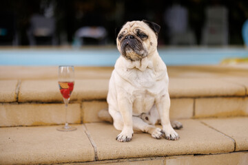 Obraz premium sitting pug with a glass of Champagne at a pool