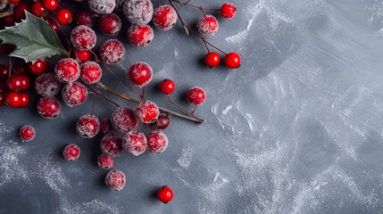 Red winter berries on a gray concrete background, generative AI.