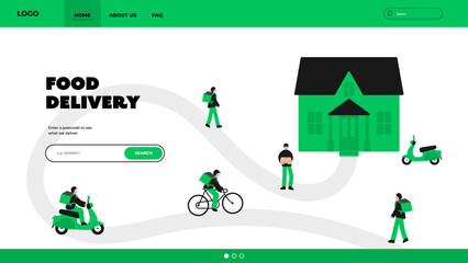 Food delivery home page. Food delivery characters illustration, food delivery driver, food delivery service.