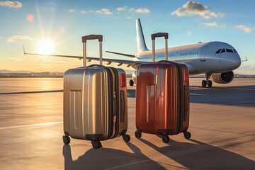 Suitcase and airplane background for summer vacation travel, best for holiday concept.