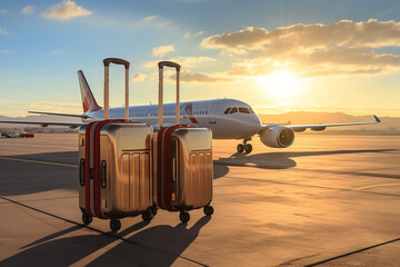 Suitcase and airplane background for summer vacation travel, best for holiday concept.