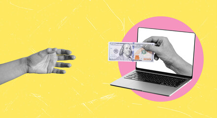 Artistic, contemporary art collage. A hand with dollars comes out of a notebook on a yellow...