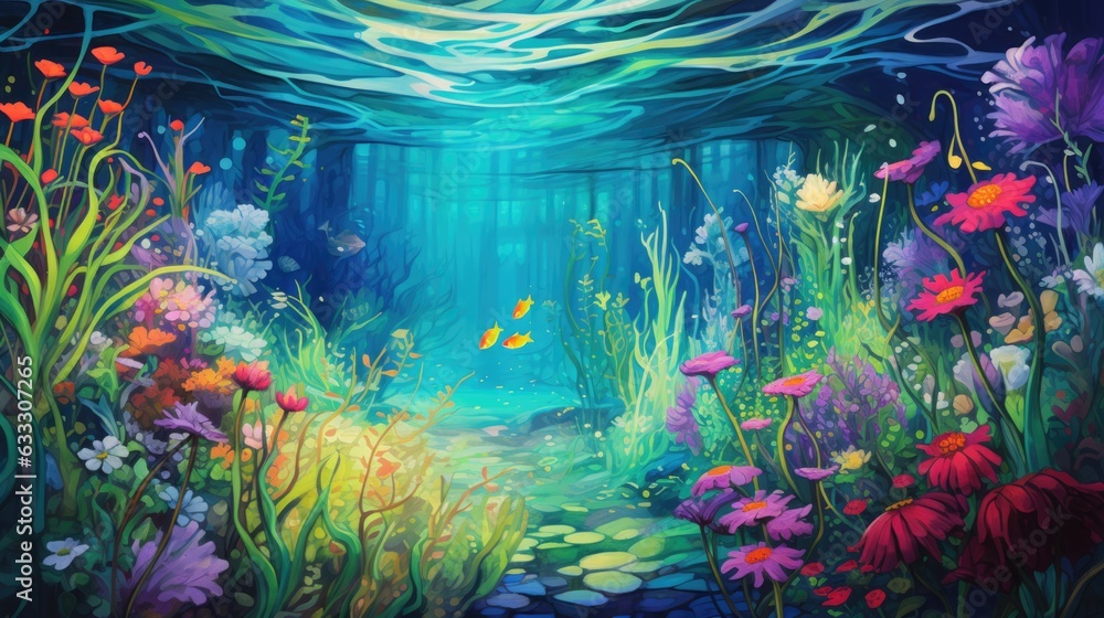 Canvas Prints Underwater world scene with colorful coral reef. Under the sea background. Marine Life Landscape. Ocean water world. AI illustration..