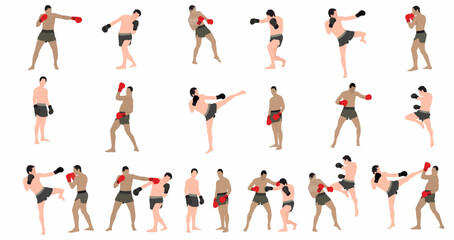 set of mixed martial art mma fighter. Muay thai, wrestling, jujitsu, kick boxing, taekwondo and boxing. Vector illustration - obrazy, fototapety, plakaty