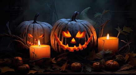 Fototapeta premium Jack lantern in autumn forest. Night in the forest. Dry autumn leaves. Burning candles. Halloween background.