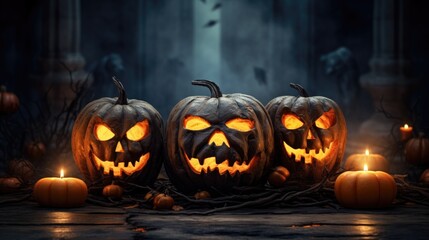 Obraz premium Jack lantern in autumn forest. Night in the forest. Dry autumn leaves. Burning candles. Halloween background.