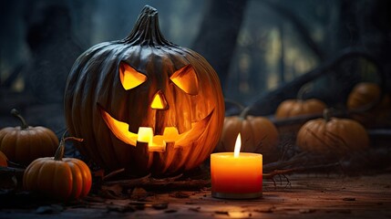 Jack lantern in autumn forest. Night in the forest. Dry autumn leaves. Burning candles. Halloween background.