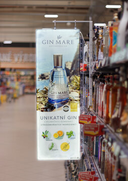 Gin Mare, mediterranean gin distilled from olives arbequina, thyme, rosemary, citrus fruits and basil, backlit commercial on August 9, 2023 in Prague, Czech Republic.