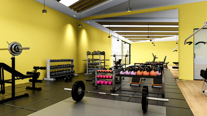 Modern gym interior with sport and fitness gym equipments, fitness center interior, 3D Rendering - 633308411