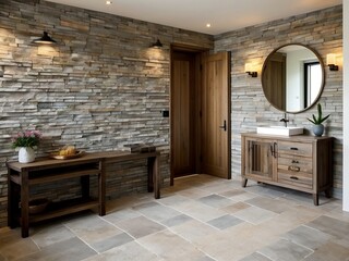 Modern entrance hall with coastal interior design features stone tile walls and rustic wooden components.