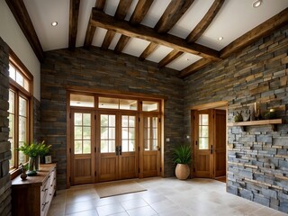 Modern entrance hall with coastal interior design features stone tile walls and rustic wooden components.