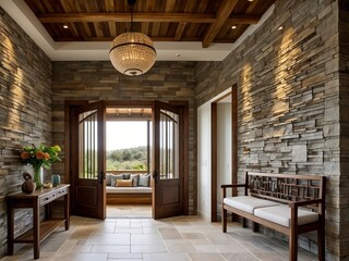 Modern entrance hall with coastal interior design features stone tile walls and rustic wooden components.