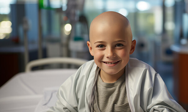 Portrait of bald boy child suffering fighting with cancer. Bald kid patient with nasal oxygen tube looking at camera sitting in bed at hospital ward. Healthcare concept. Boy with strengt and hope 