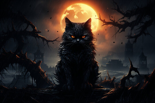 Sinister Black Cat and Full Moon 