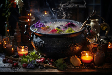 captivating photo of a witch's cauldron filled with bubbling potions and an array of mystical ingredients, exuding magical allure 