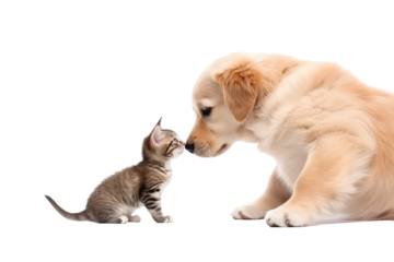 cat and dog looking isolated on white