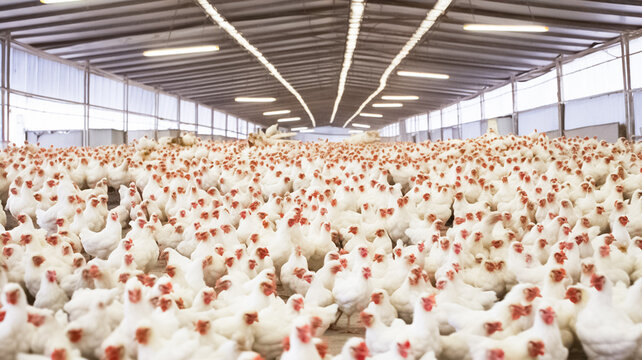 Indoors chicken farm, sustainability and chicken flock on farm for organic, poultry and livestock farming.
