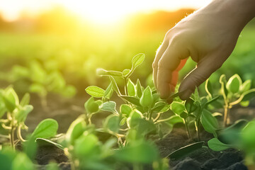 Closeup of hand touch Farmer examining young green soybean crop plant in cultivated field. 
