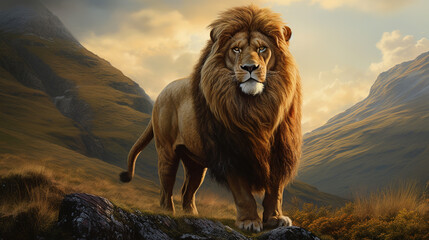 Majestic lion standing on the mountains. Generative AI - obrazy, fototapety, plakaty