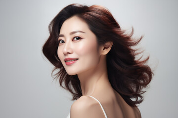 Asian woman face with smooth health skin for advertising design. Korean, Chinese or Japanese Beautiful aging young looking woman, beauty health skincare and cosmetics advertisement commercial ad