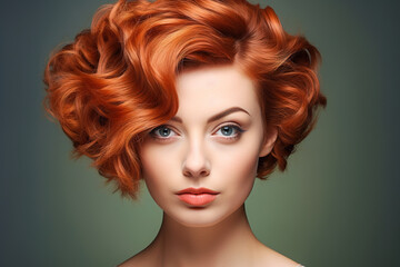Fototapeta premium Portrait of a beautiful girl with red hair. Conceptual examples of haircuts from the catalog.