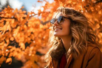 Woman in autum park enjoyng the sun smiling ai generated art.