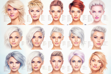 Catalog with examples of women's haircuts and coloring.
