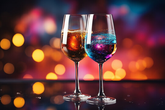 Abstract rainbow-colored champagne glasses and a gold-toned background are appropriate for Valentine's Day, weddings, New Year's Eve, Christmas, etc. Event Concept.