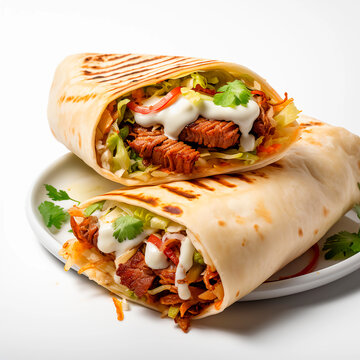 Juicy shawarma with meat and vegetables close-up