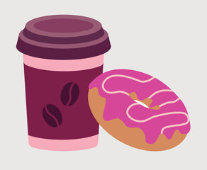 A cup of coffee with a donut with pink icing.