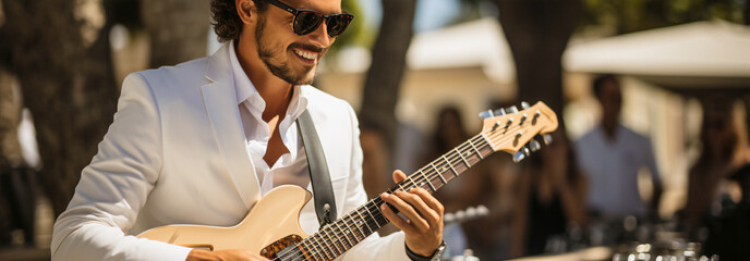 Musicians at a luxury wedding outdoor during day ibiza, sunny white bright 