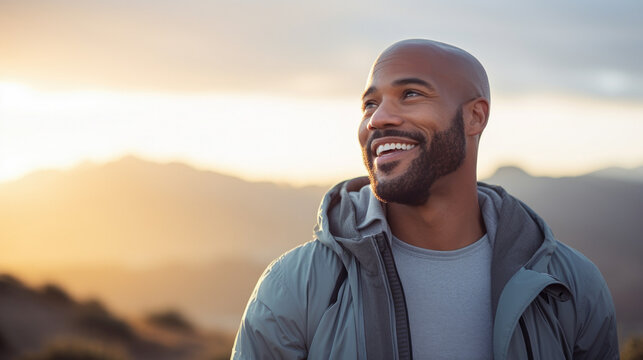 portrait of happy and handsome black afro-american man looking at sunset. positive and optimism
