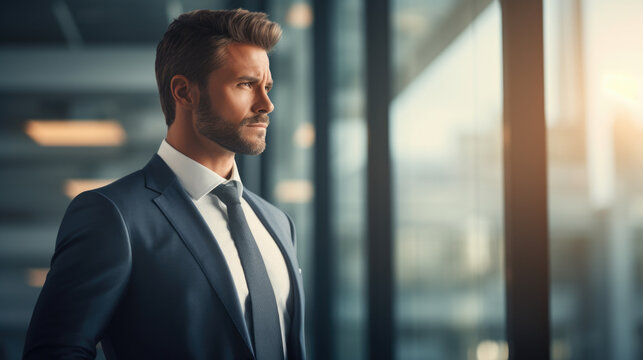 handsome businessman or executive looking over the office glass windows. corporate ambition - Powered by Adobe