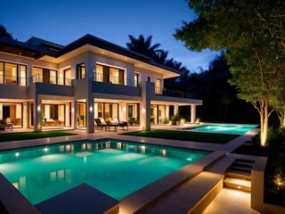 Luxury villa, beautiful villa with a pool and tropical plants at night, beautiful light.