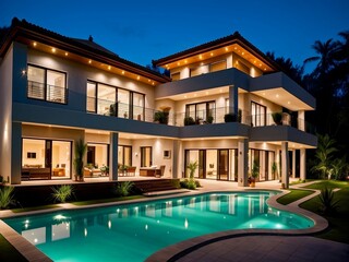 Fototapeta na wymiar Luxury villa, beautiful villa with a pool and tropical plants at night, beautiful light.