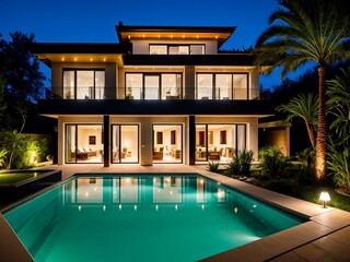 Obraz na płótnie Canvas Luxury villa, beautiful villa with a pool and tropical plants at night, beautiful light.