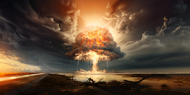 Nuclear weapon. Atomic bomb drop test with nuclear explosion and a large fire mushroom