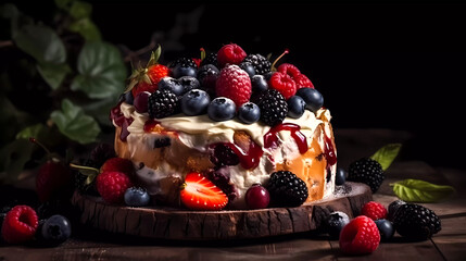 Berry cake with wrapped cream and fresh berries on a dark background. Generative AI technology.