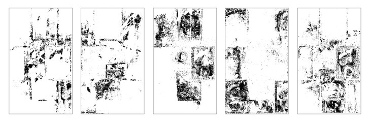 Overlay texture set. Different types of texture stamps damaged, paint, old, concrete and other. Subtle halftone vector texture overlay. Monochrome abstract splattered background. Dust Overlay Distress