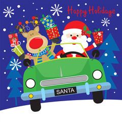 christmas card with santa and reindeer on the car