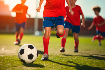 Soccer training class for kids. Children kicking a classic soccer ball in a slalom exercise.
